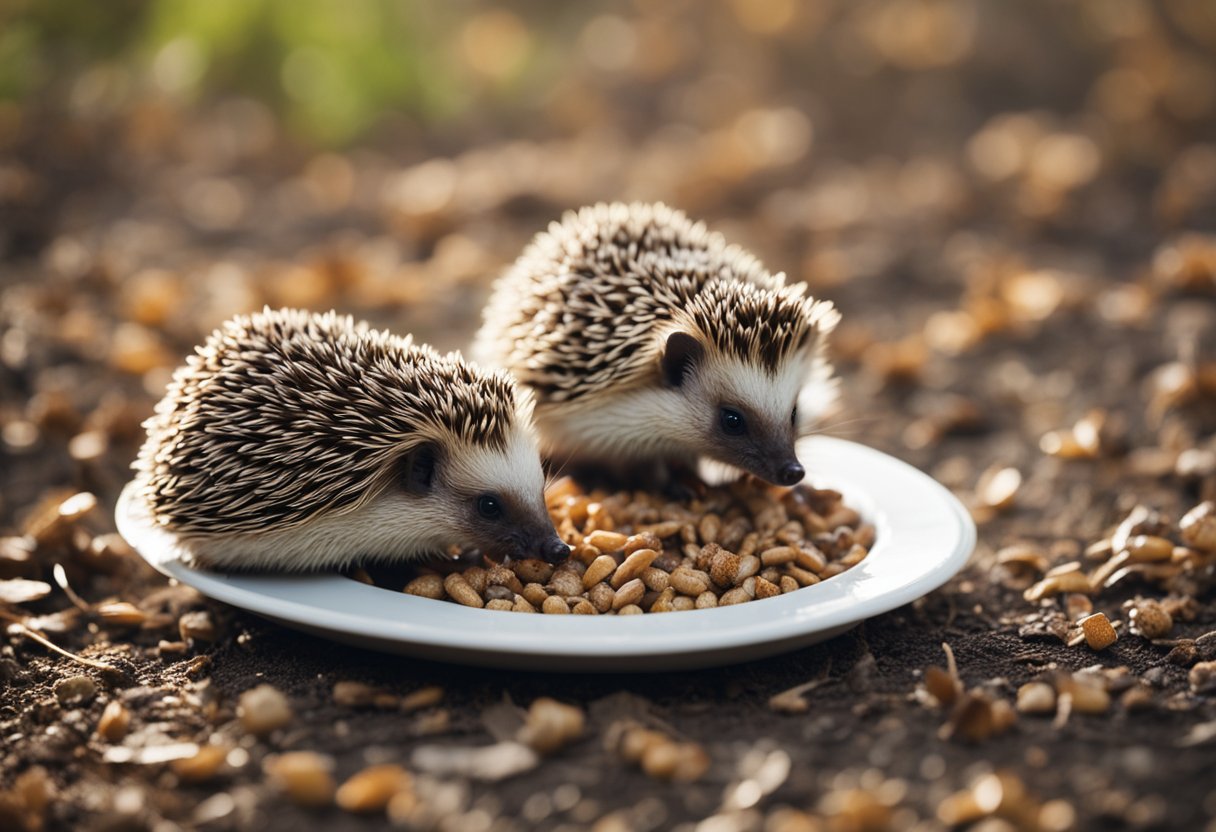 Hedgehogs eating mealworms from a dish on the ground