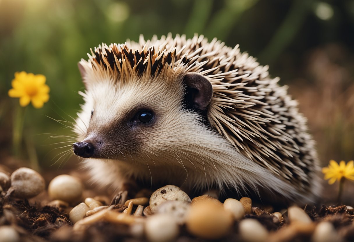 A hedgehog surrounded by various resources, including mealworms, in a natural setting