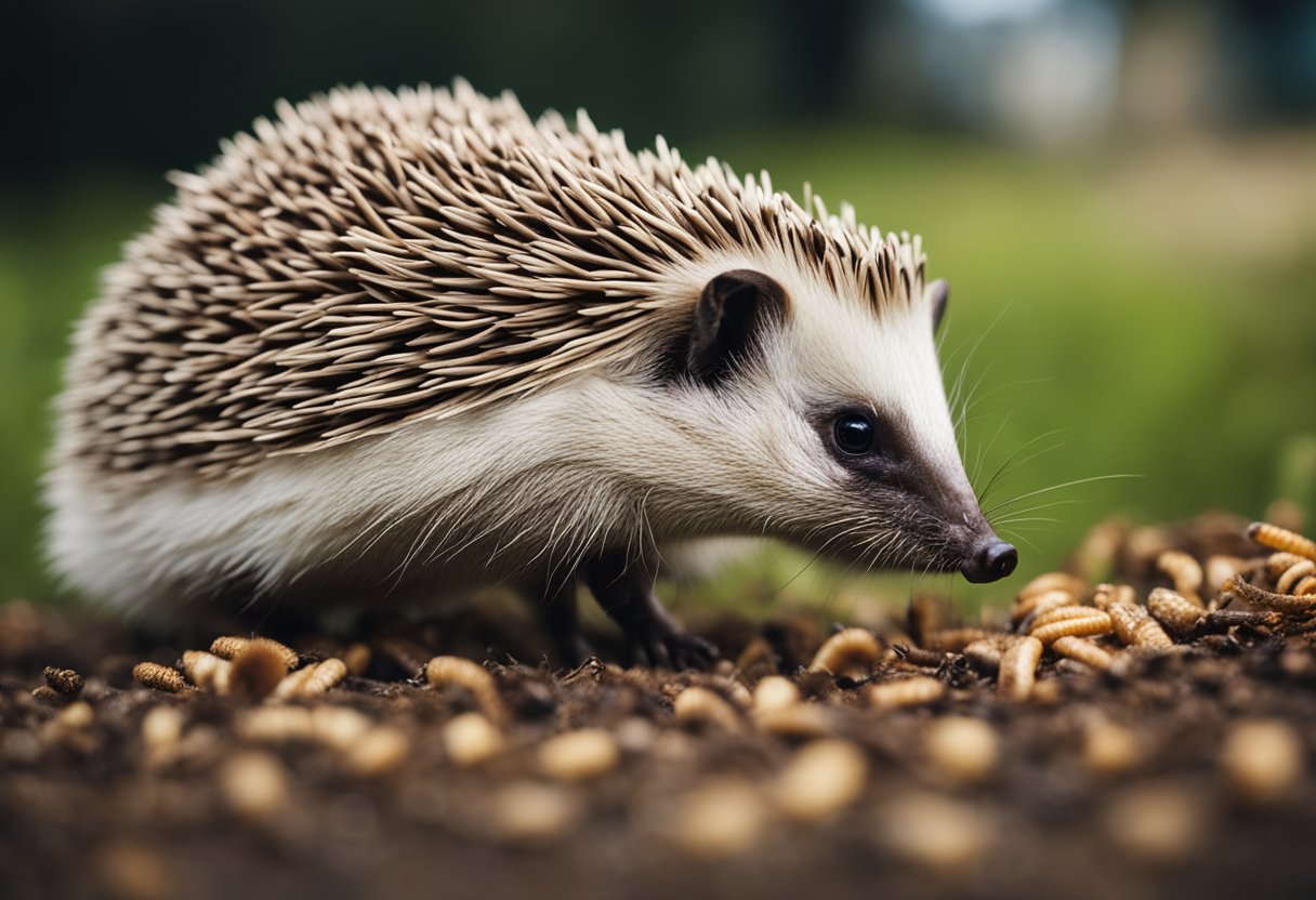 A hedgehog cautiously sniffs a pile of mealworms, its quills raised in curiosity