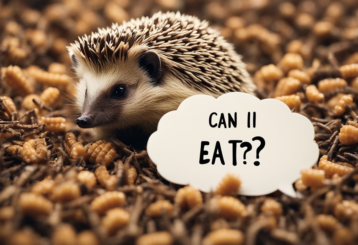 A hedgehog surrounded by mealworms, with a thought bubble asking "Can I eat these?"