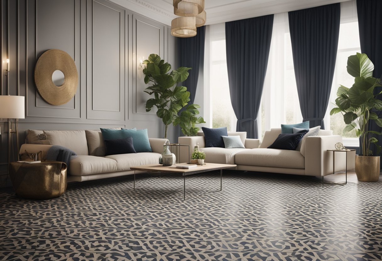 A living room with elegant, patterned tiles covering the floor, creating a sophisticated and inviting atmosphere