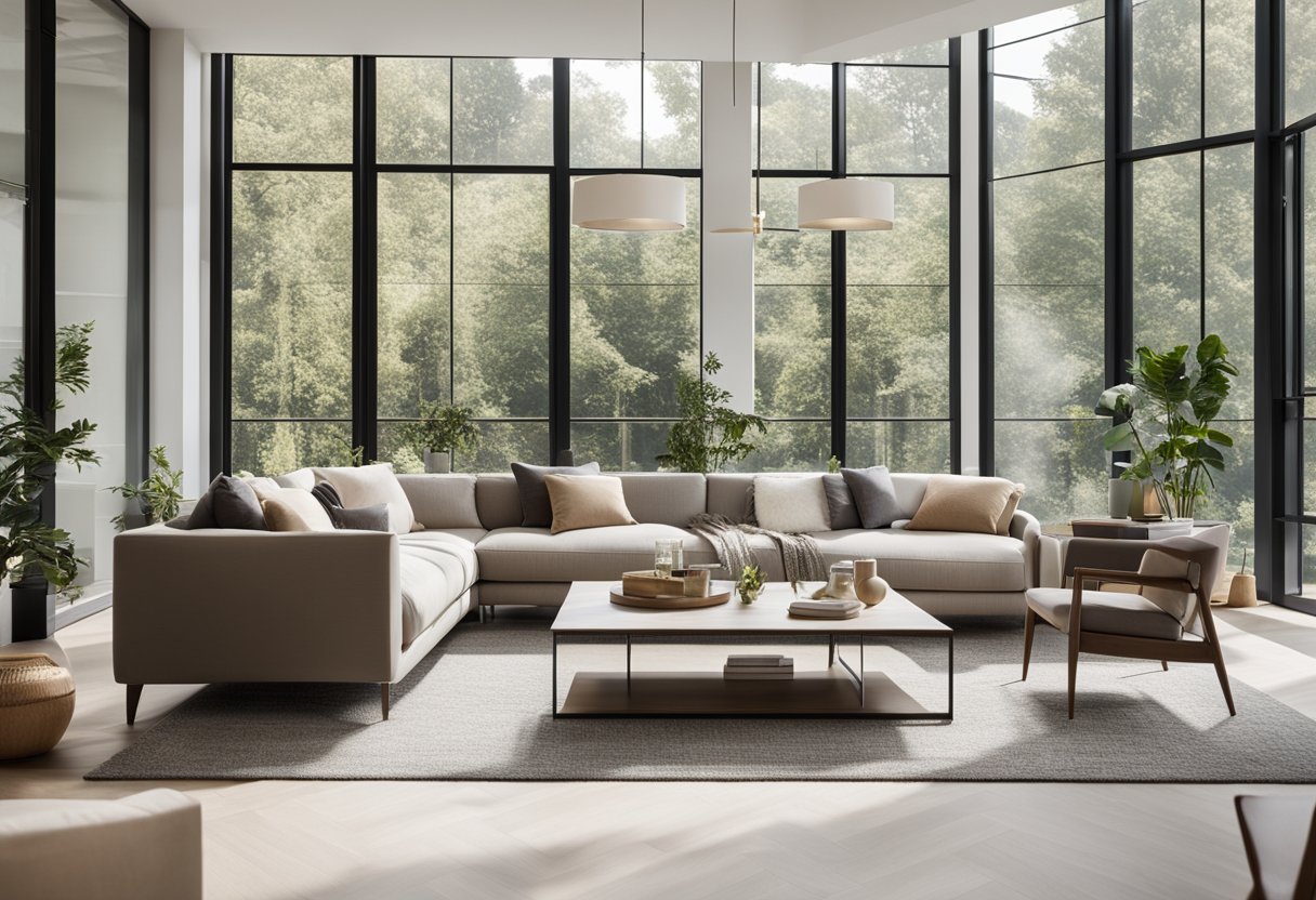 A sleek, open-concept living room with modern furniture, neutral color palette, and large windows letting in natural light
