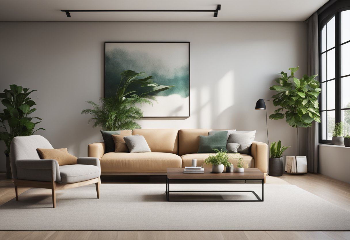A modern living room with a sleek sofa, minimalist coffee table, and abstract art on the wall. A large window lets in natural light, and a potted plant adds a touch of greenery