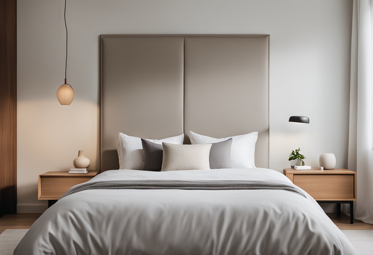 A serene bedroom with clean lines, neutral colors, and uncluttered surfaces. A simple platform bed with crisp white bedding, a sleek nightstand, and a minimalist lamp. A large window lets in natural light, and a few carefully chosen accessories