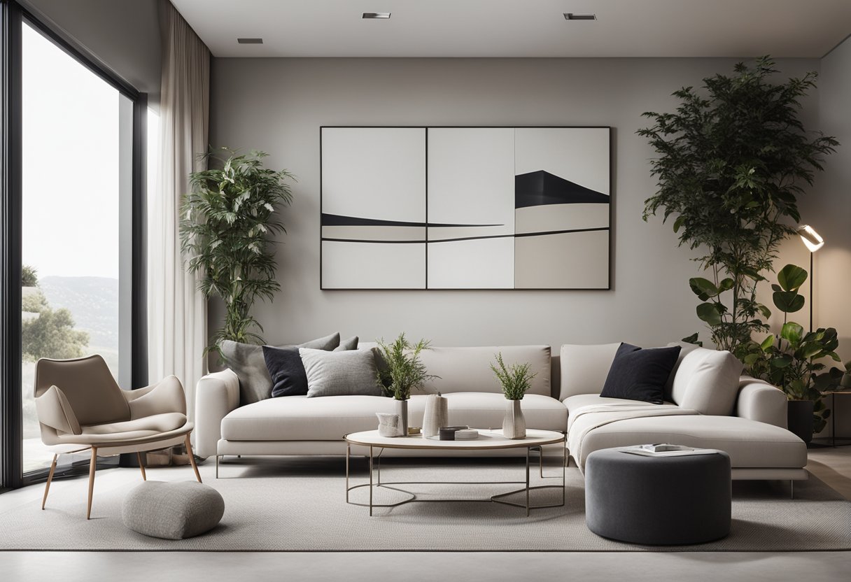 A sleek, minimalist living room with clean lines, neutral colors, and modern furniture. A large, abstract art piece hangs on the wall, while plants and decorative accents add a touch of warmth to the space