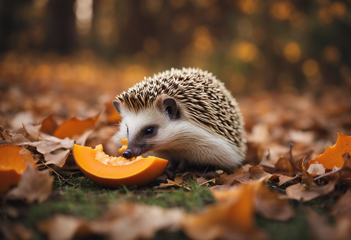 A hedgehog munches on a slice of pumpkin, its tiny claws gripping the edge as it nibbles away