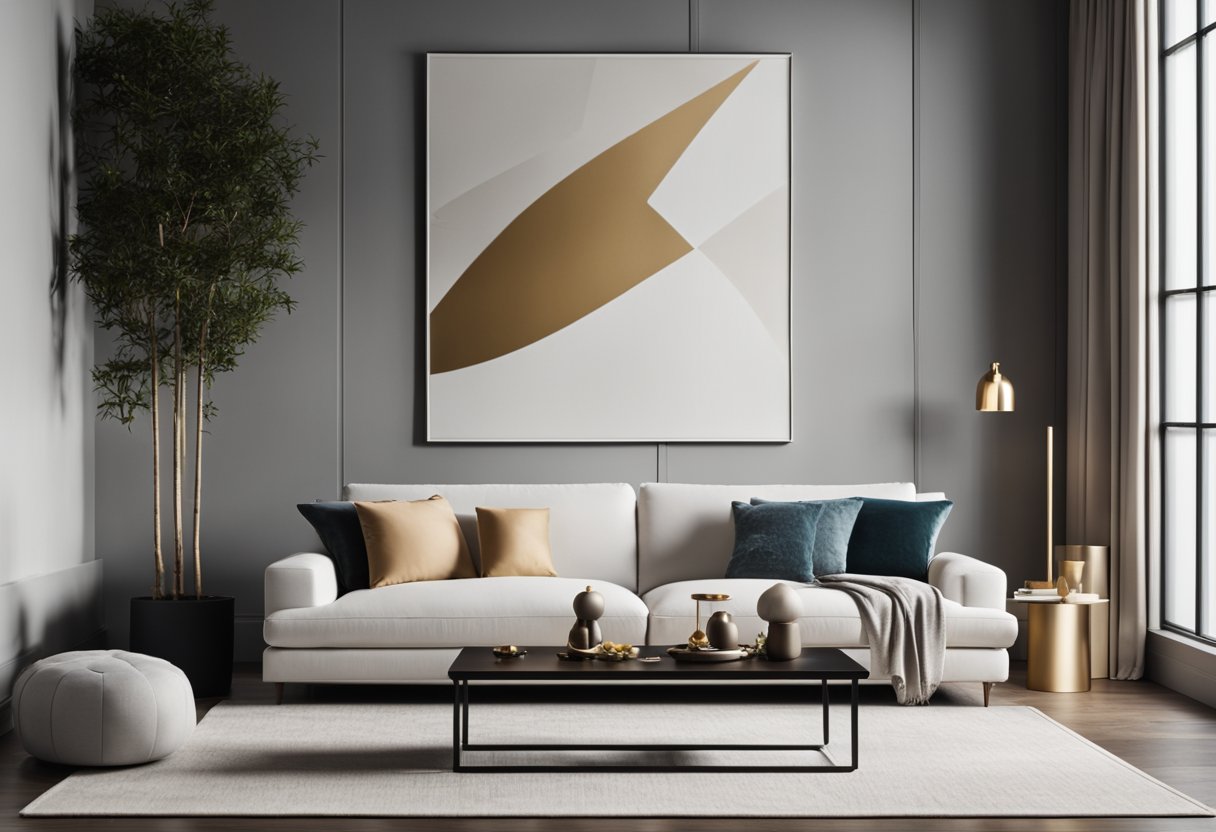 A contemporary living room with sleek furniture, clean lines, and minimalistic decor. A large, abstract art piece hangs on the wall, while a plush rug and cozy throw pillows add comfort