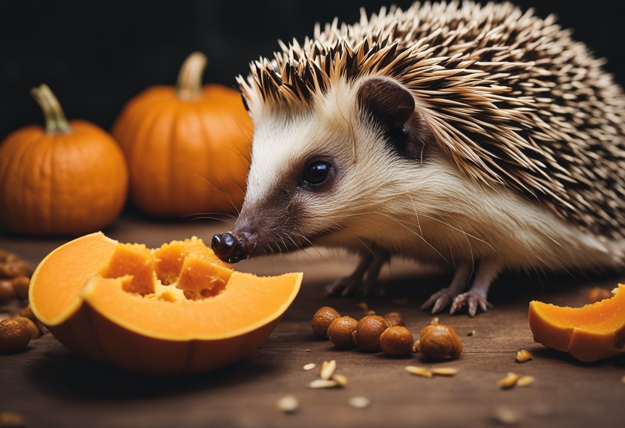 A hedgehog munches on a slice of pumpkin, its quills standing on end with excitement. The orange flesh is packed with nutrients, providing a healthy snack for the spiky creature