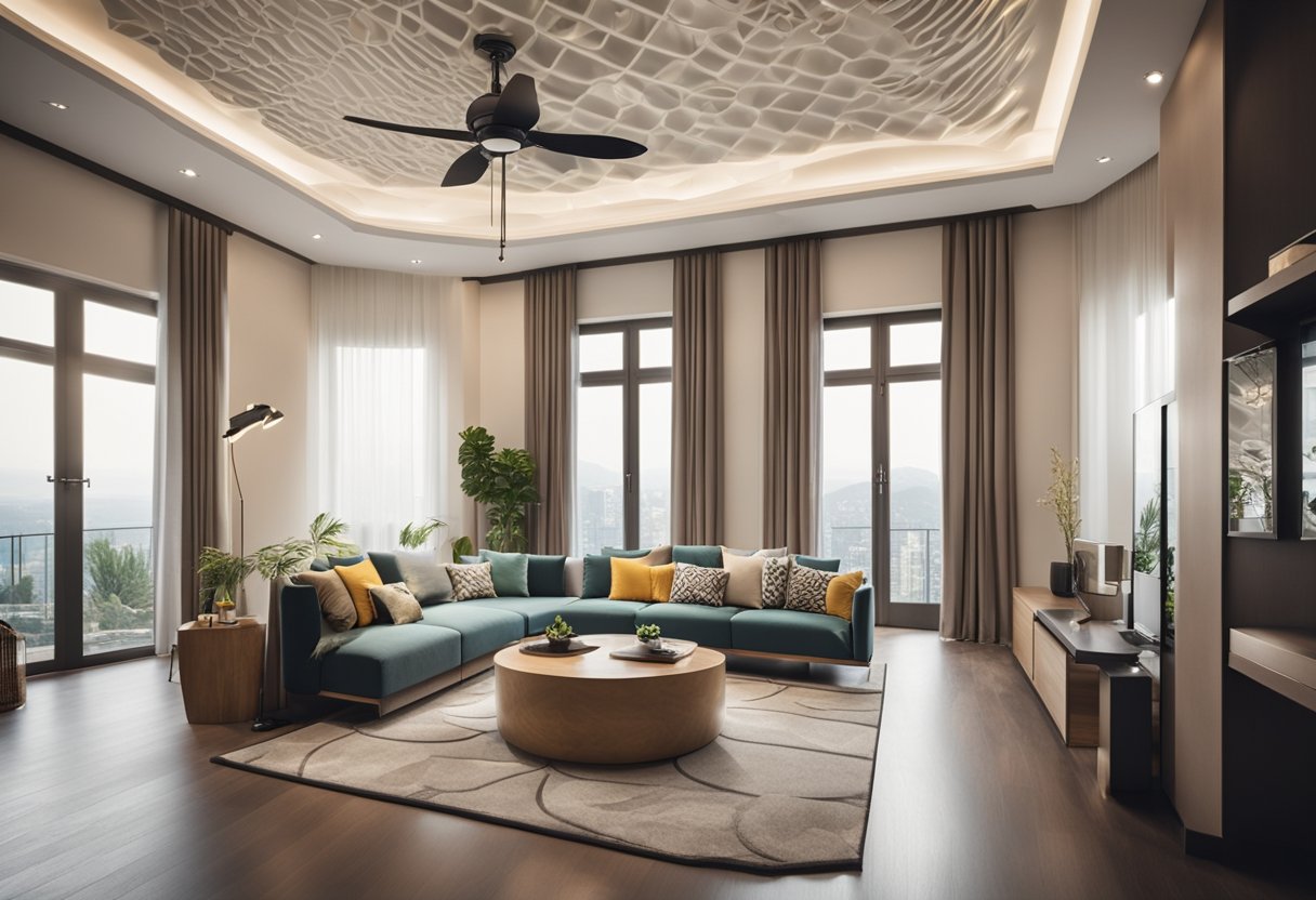 A spacious living room with intricate false ceiling designs and two ceiling fans hanging from the center