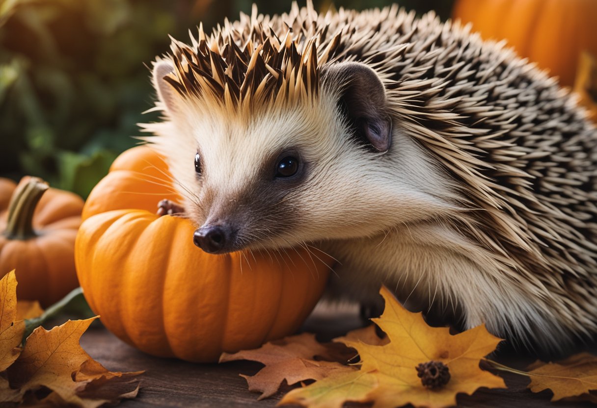 A hedgehog cautiously nibbles on a slice of pumpkin, surrounded by a list of feeding guidelines and precautions