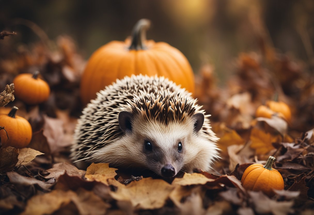 A hedgehog surrounded by various resources, including a pumpkin, in a natural setting