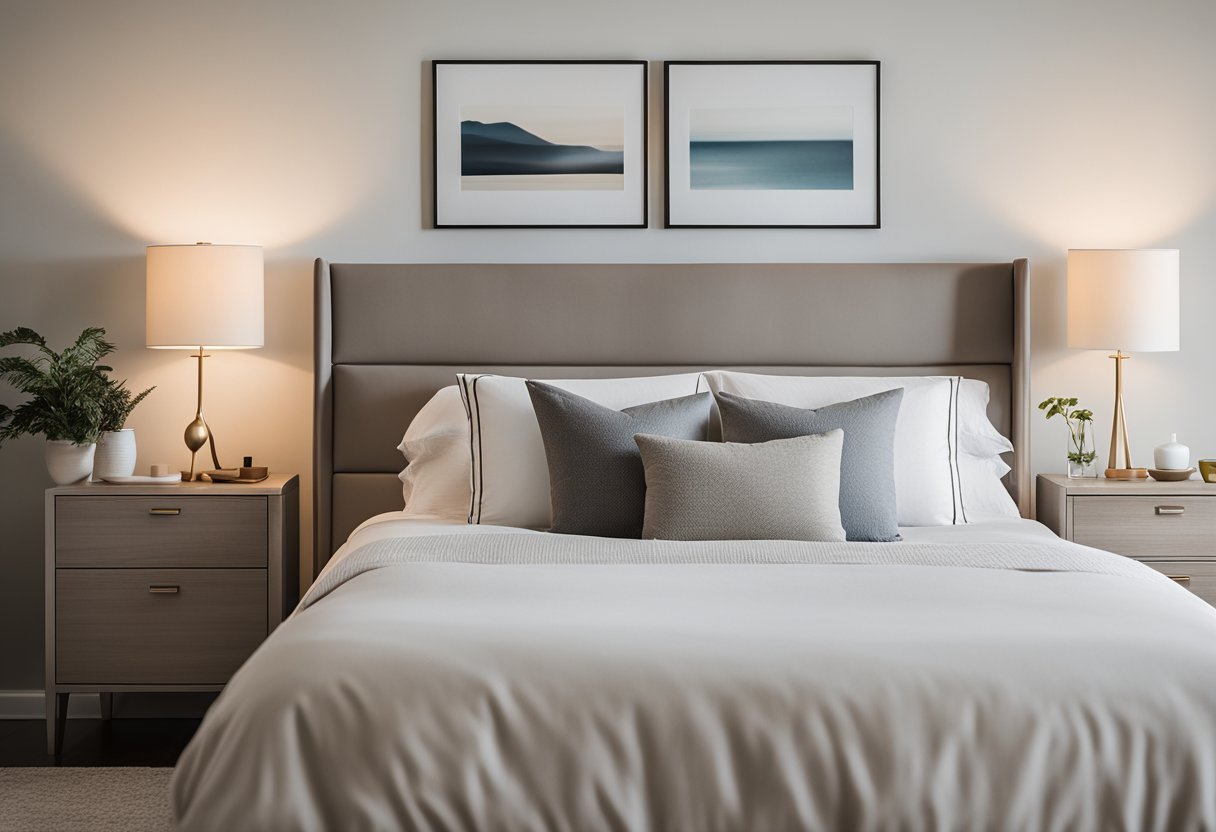 A simple, uncluttered bedroom with neutral colors, clean lines, and minimal furniture. A low platform bed, sleek nightstands, and a few select decor pieces