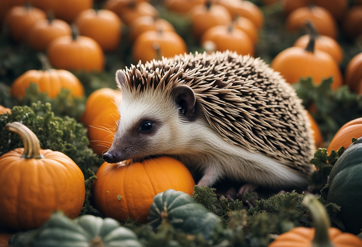 A hedgehog sits in front of a pile of pumpkins, sniffing and nibbling on one to determine if it is safe to eat