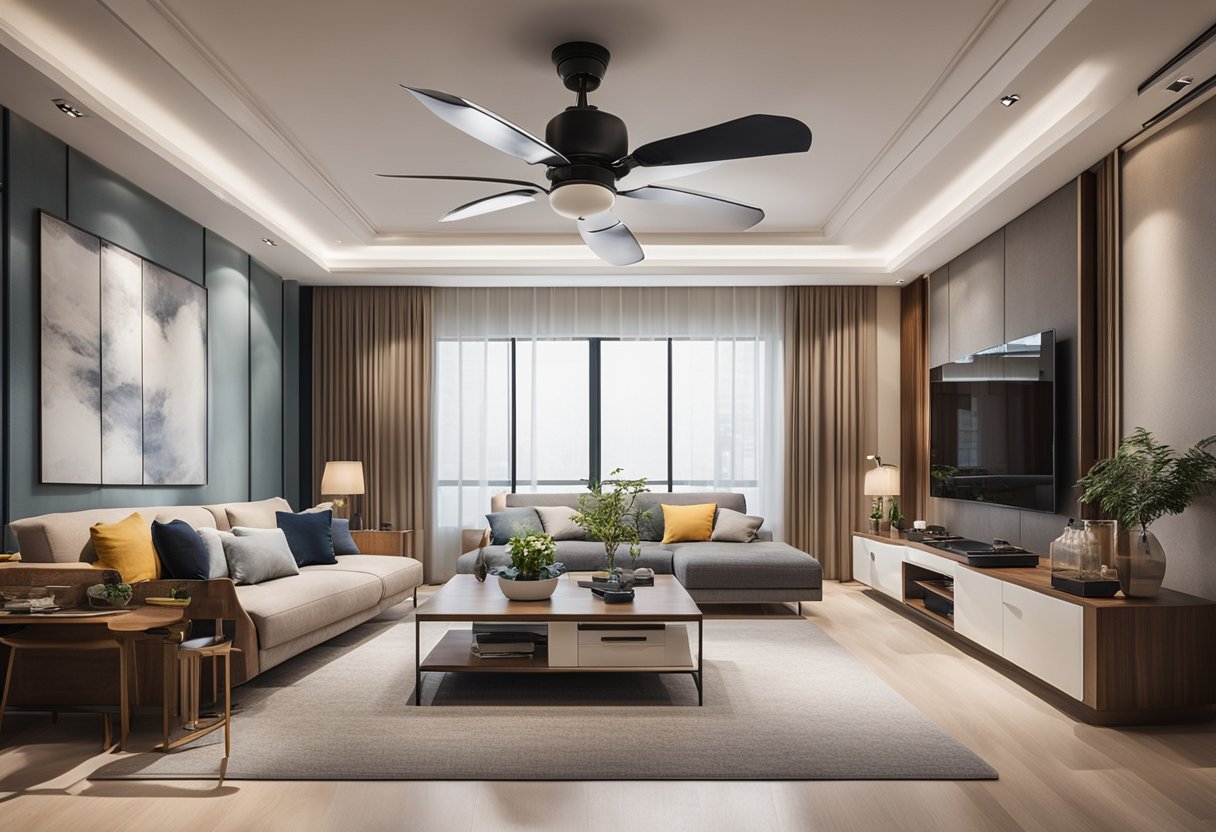 A spacious living room with two fans, showcasing various false ceiling materials and styles