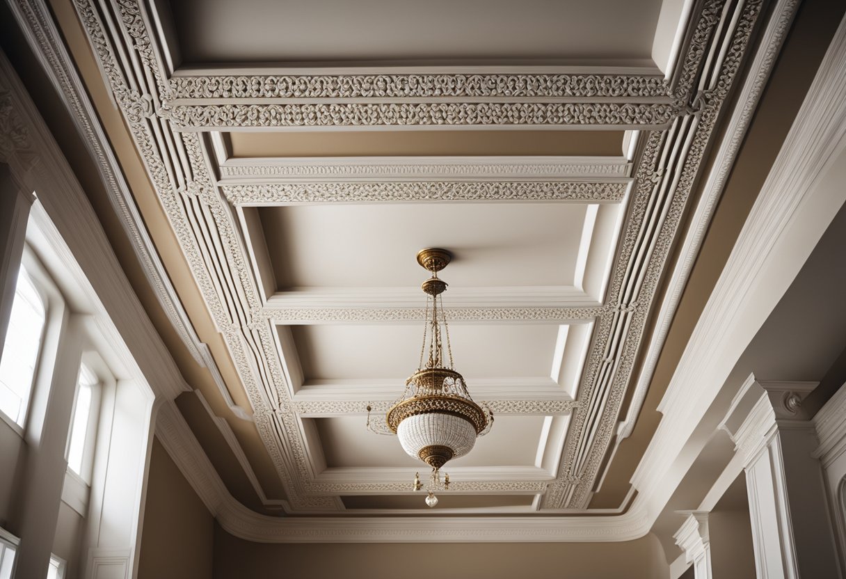 A decorative cornice frames the ceiling of a spacious living room, featuring intricate patterns and elegant curves