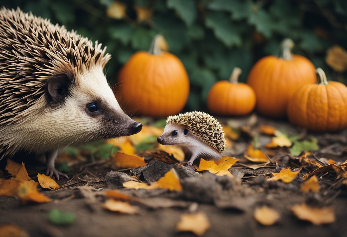 A hedgehog surrounded by pumpkins, sniffing and nibbling on them, with a curious expression on its face
