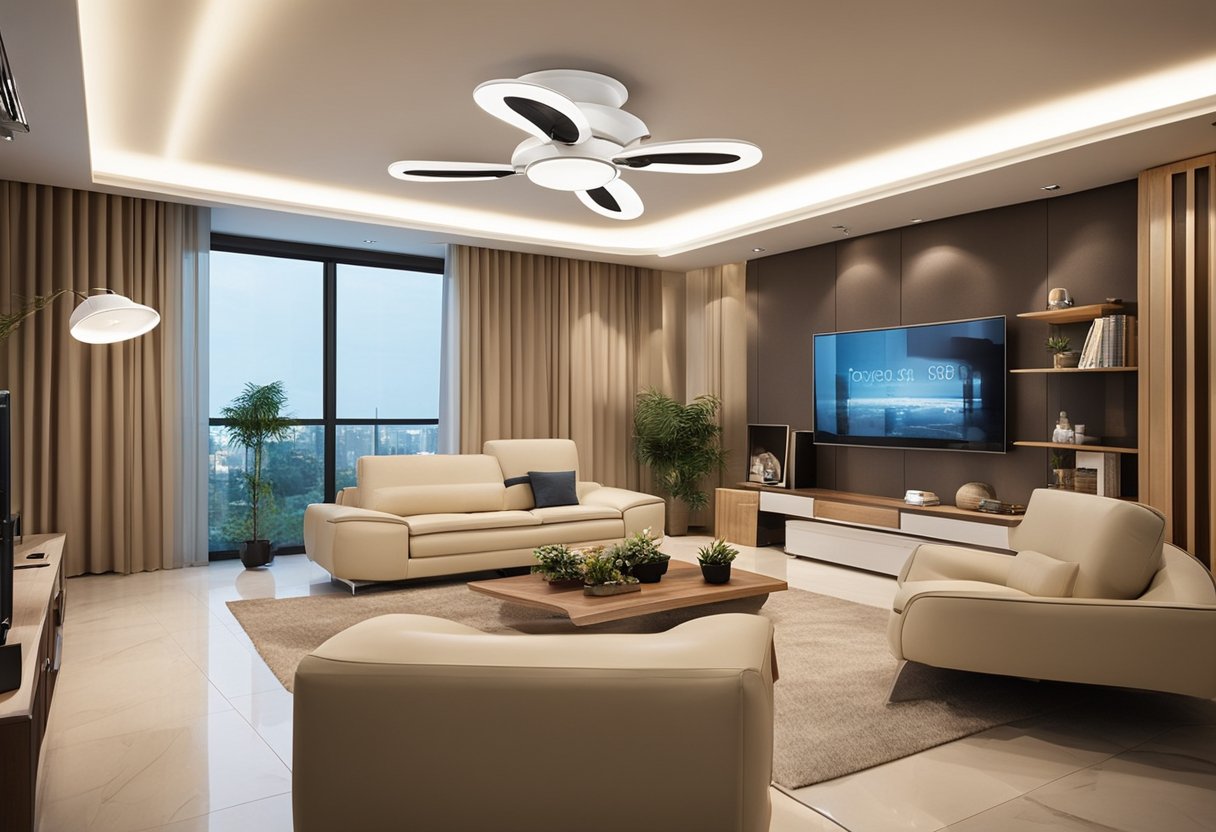 The living room has a false ceiling with recessed lighting and two fans