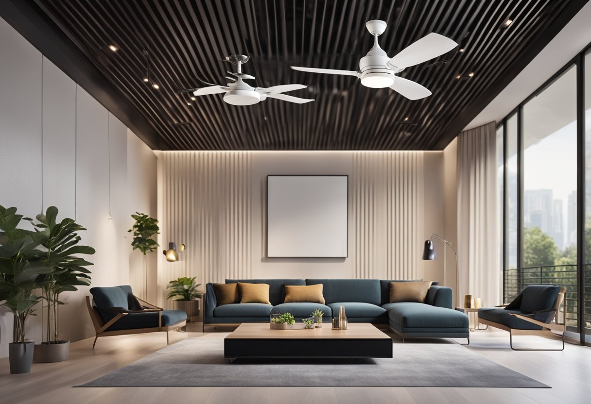 A spacious living room with a modern false ceiling design and two ceiling fans. Clean lines and minimalistic details create a sleek and contemporary atmosphere