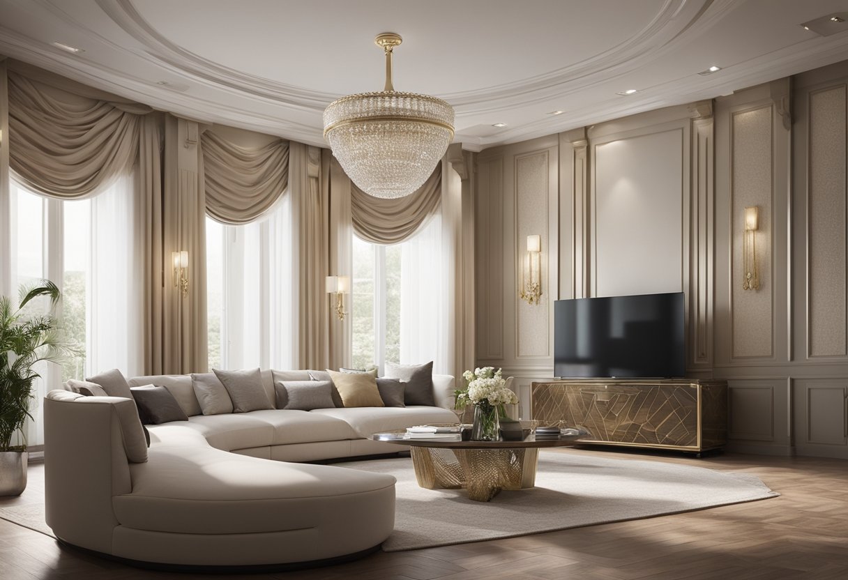 A spacious living room with a large window, adorned with an elegant and intricate cornice design, adding a touch of sophistication to the room