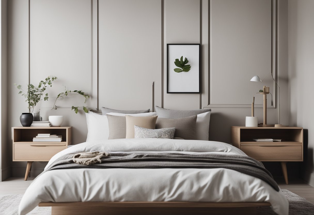 A simple bedroom with clean lines, neutral color palette, and minimal furniture. A sleek platform bed, a small side table, and a few carefully selected decor pieces