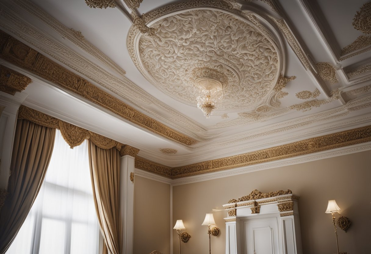A grand, intricately carved cornice adorns the ceiling, framing the room with elegance. The design features delicate floral motifs and ornate detailing, adding a touch of sophistication to the living room