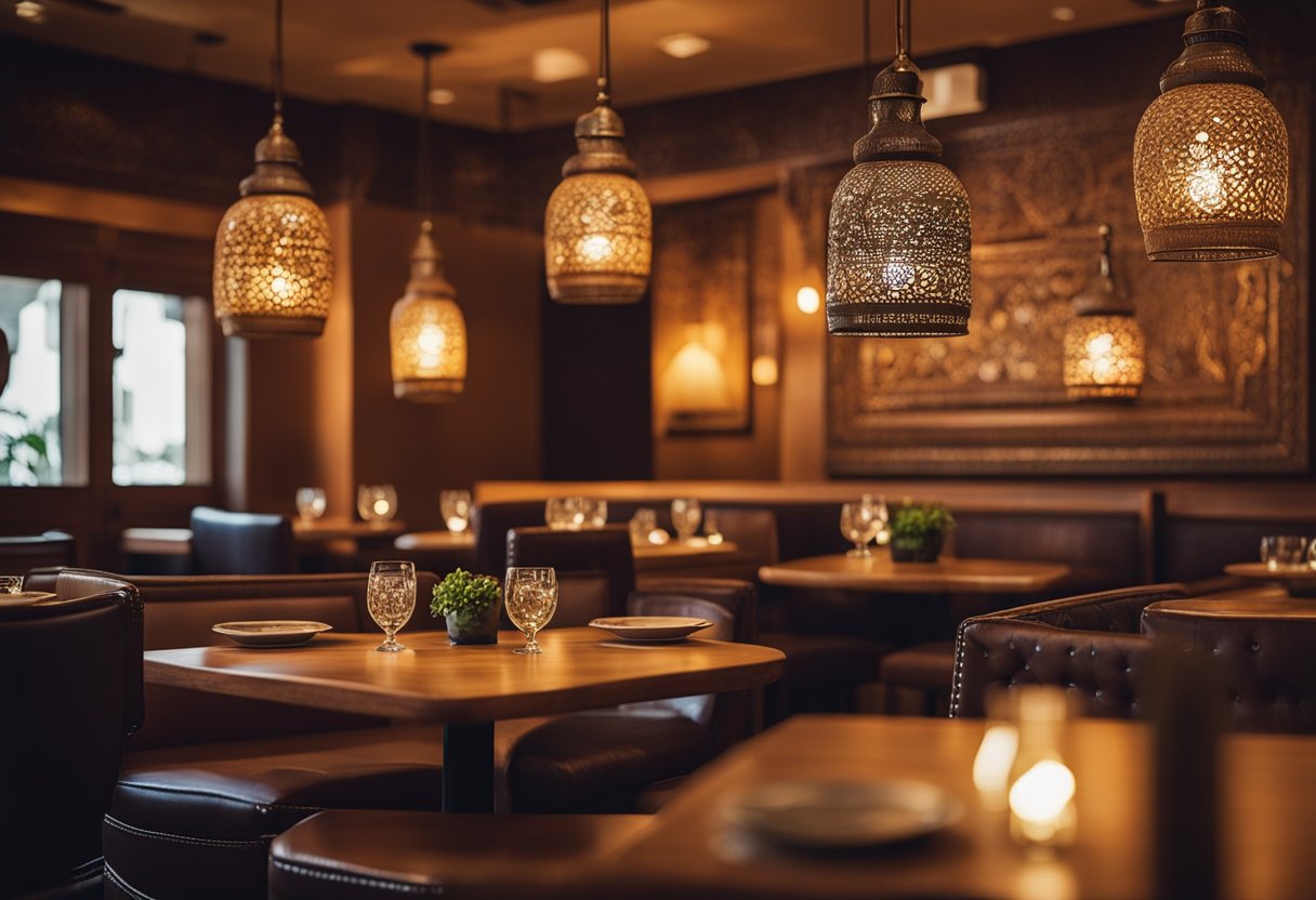 Warm lighting, earthy tones, and intricate patterns adorn the cozy interior of the small Indian restaurant. Rustic wooden furniture and vibrant artwork create an inviting atmosphere for diners
