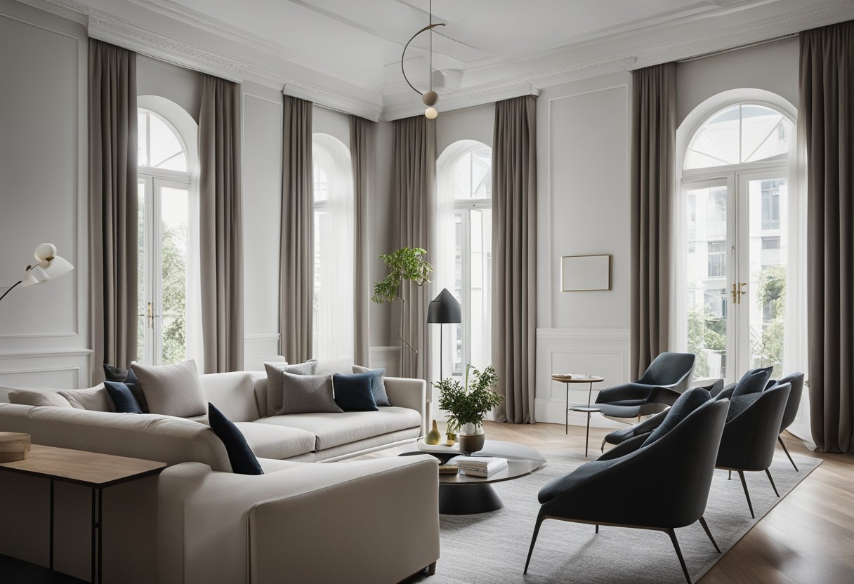 A modern living room with a sleek, minimalist cornice design above the windows, creating a clean and sophisticated look