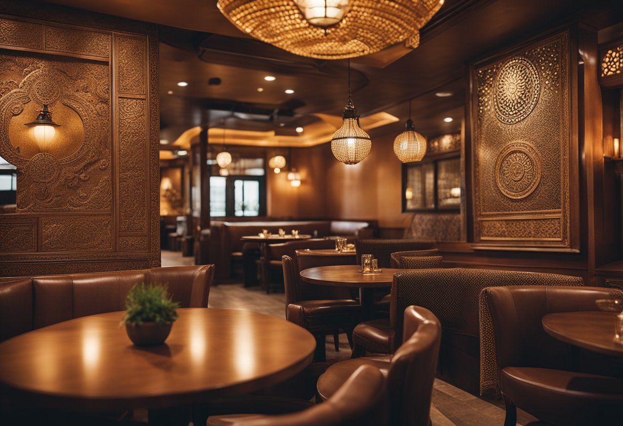 The interior of the Indian restaurant features warm, earthy tones with intricate patterns and textures. The space is adorned with traditional Indian artwork and decor, creating a cozy and inviting atmosphere