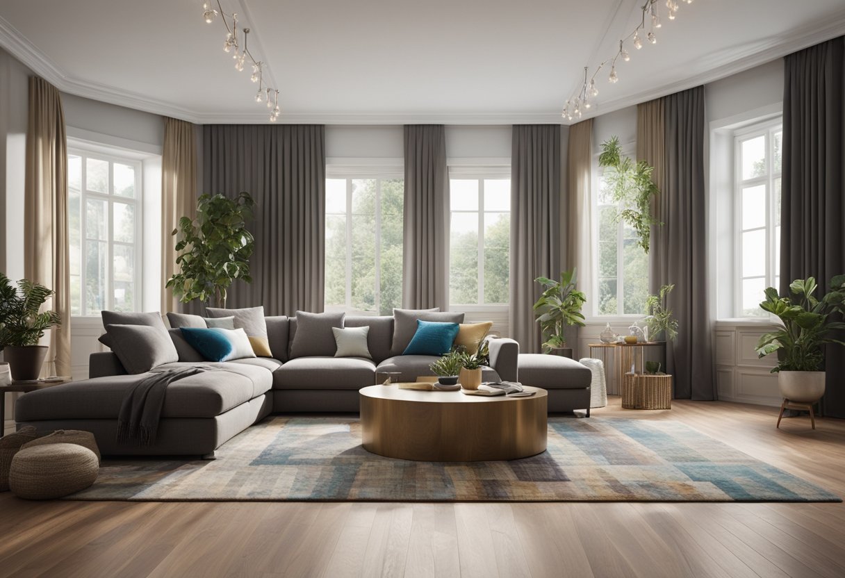 The L-shaped living room features a cozy sofa, a coffee table, and a large window with flowing curtains. The walls are adorned with colorful artwork, and a soft rug covers the hardwood floor