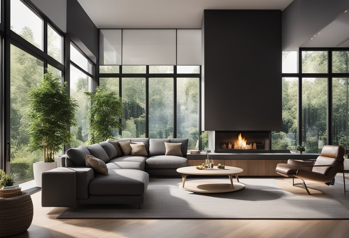 An L-shaped living room with modern furniture, a cozy fireplace, and large windows overlooking a lush garden