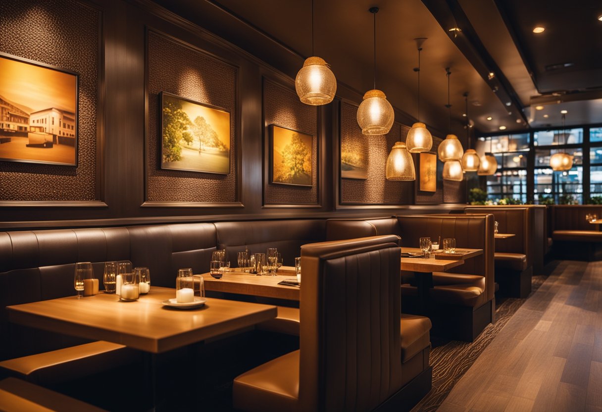 Warm lighting illuminates cozy booths and vibrant artwork adorns the walls. Aromatic spices fill the air, creating an inviting atmosphere for diners