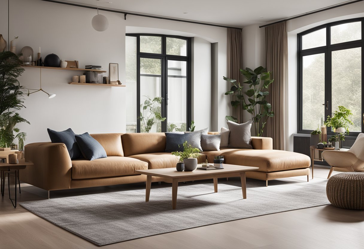 A modern L-shaped living room with sleek furniture, a cozy rug, and stylish accessories. Large windows let in natural light, creating a bright and inviting space