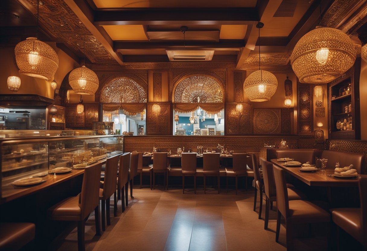 The small Indian restaurant boasts warm, earthy tones and intricate wooden carvings. Aromatic spices fill the air, while vibrant tapestries adorn the walls