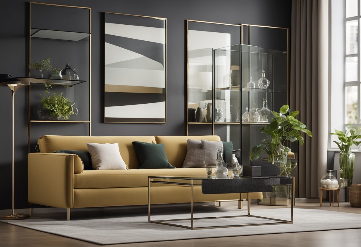 A sleek glass showcase mounted on the living room wall, adorned with decorative items and styled with modern accents
