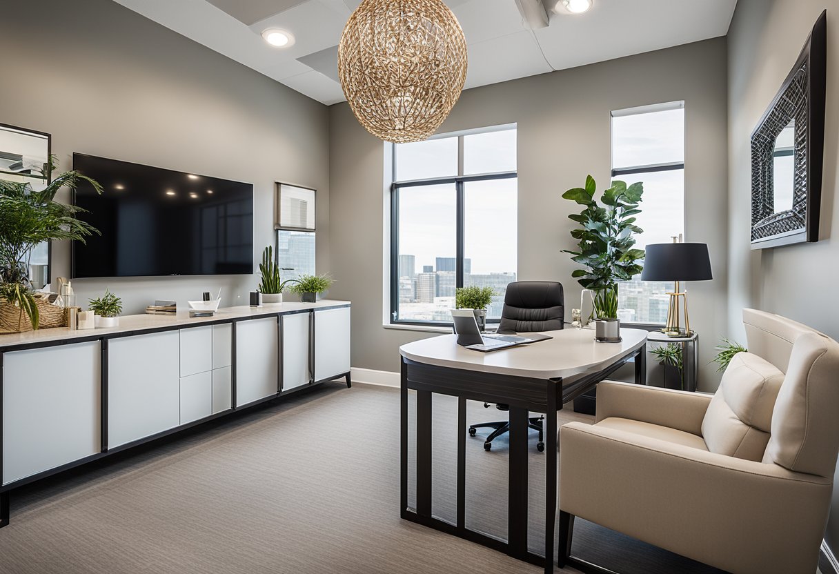 The Subgate Interior Design LLC office features modern furniture, clean lines, and a neutral color palette with pops of vibrant accents