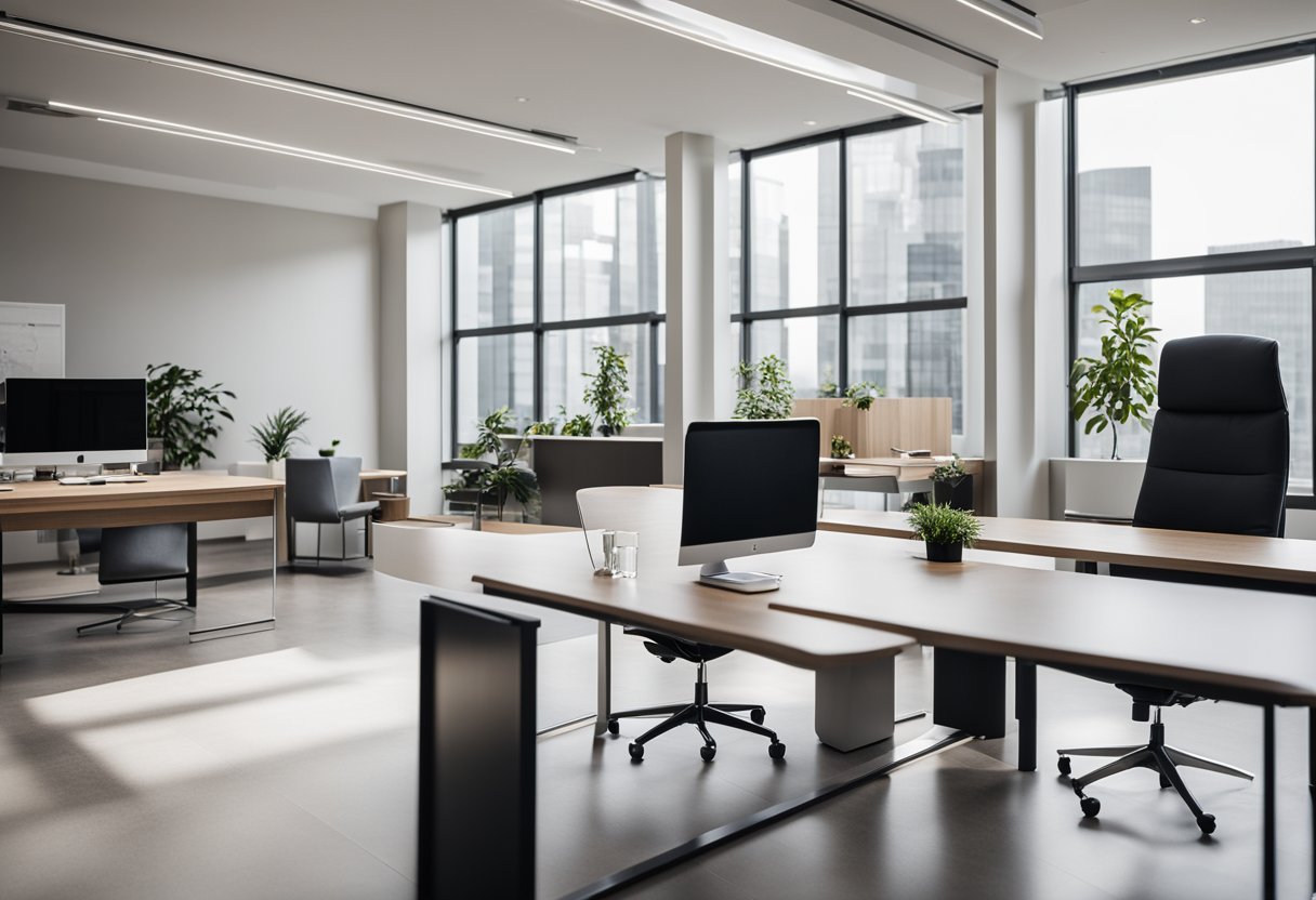 A modern, minimalist office space with clean lines, neutral colors, and plenty of natural light. Sleek furniture and subtle accents create a sophisticated and welcoming atmosphere