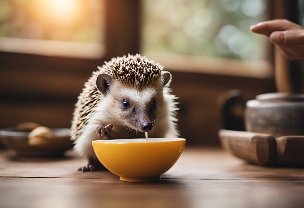 A hedgehog sipping milk from a small bowl on a wooden floor