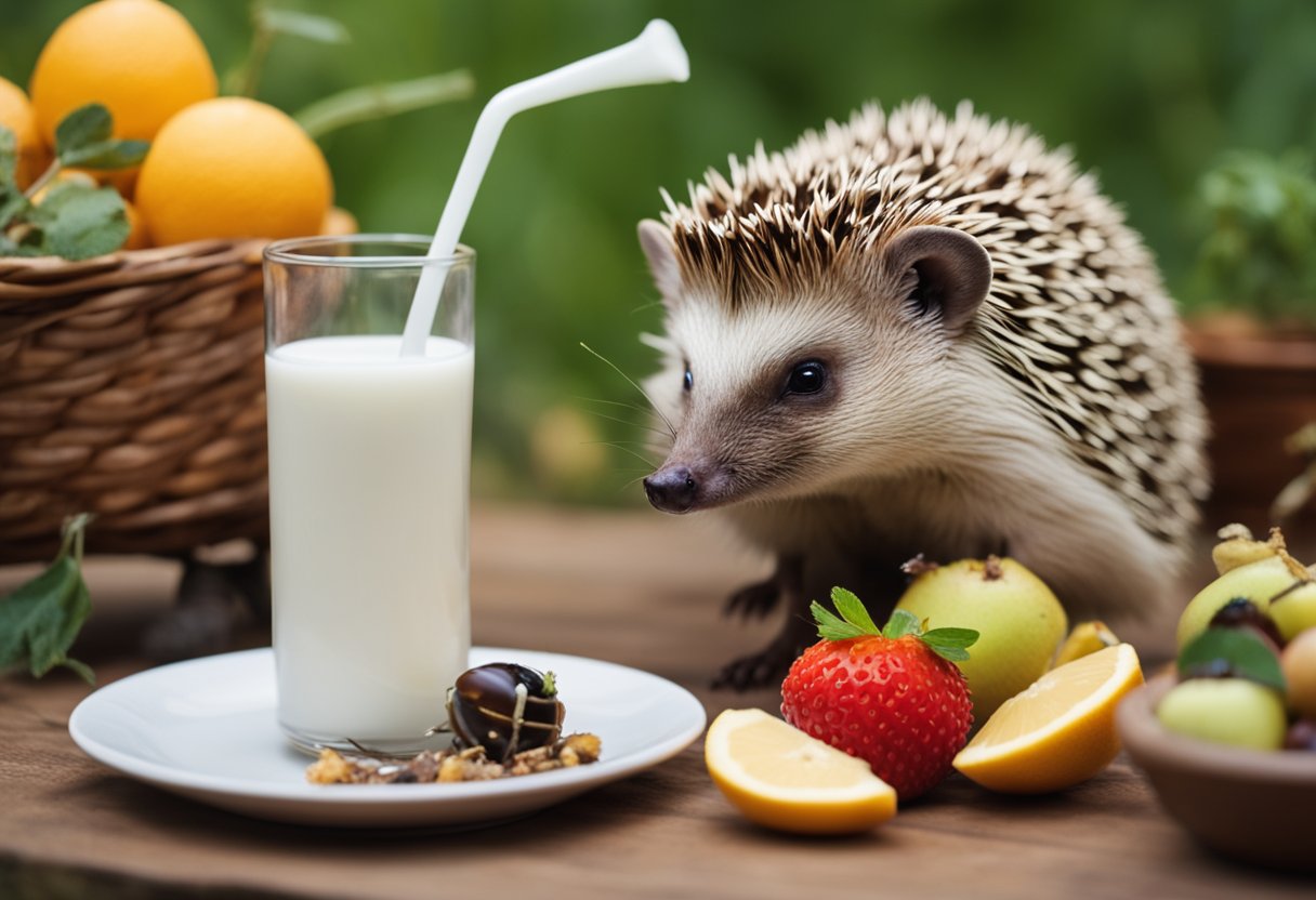 A hedgehog sits beside a small dish of milk, sniffing it cautiously. Nearby, a pile of insects and fruits suggests its natural diet