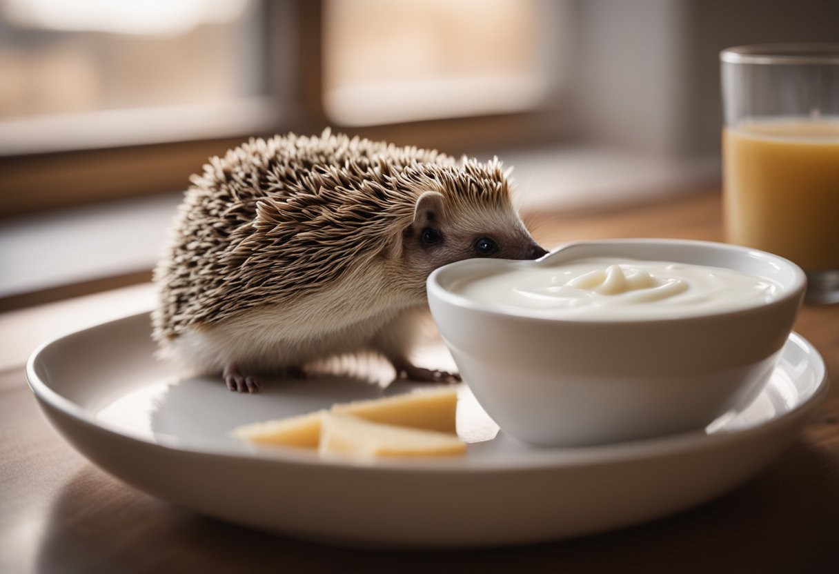 A hedgehog sits next to a bowl of milk, looking curious