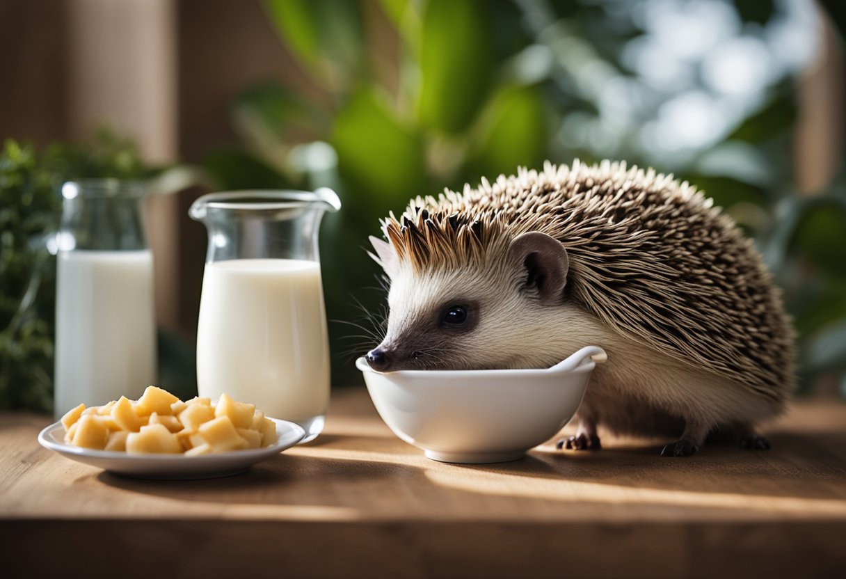 A hedgehog is surrounded by various resources such as a bowl of milk, water, and food. The hedgehog is looking at the milk with curiosity