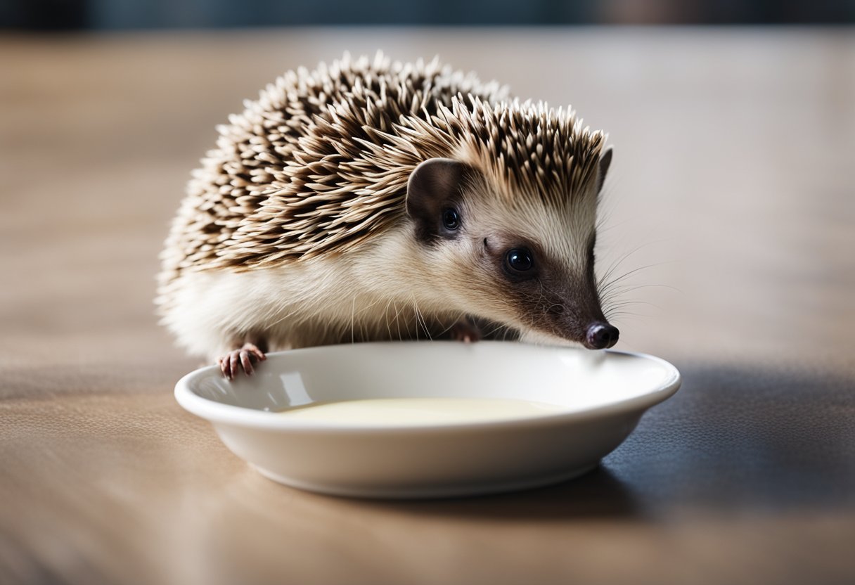 A hedgehog investigates a small dish of milk, sniffing cautiously before taking a tentative lap