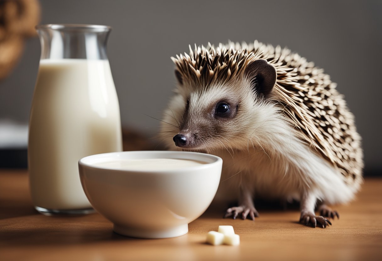 A hedgehog is shown with a bowl of milk, looking curious