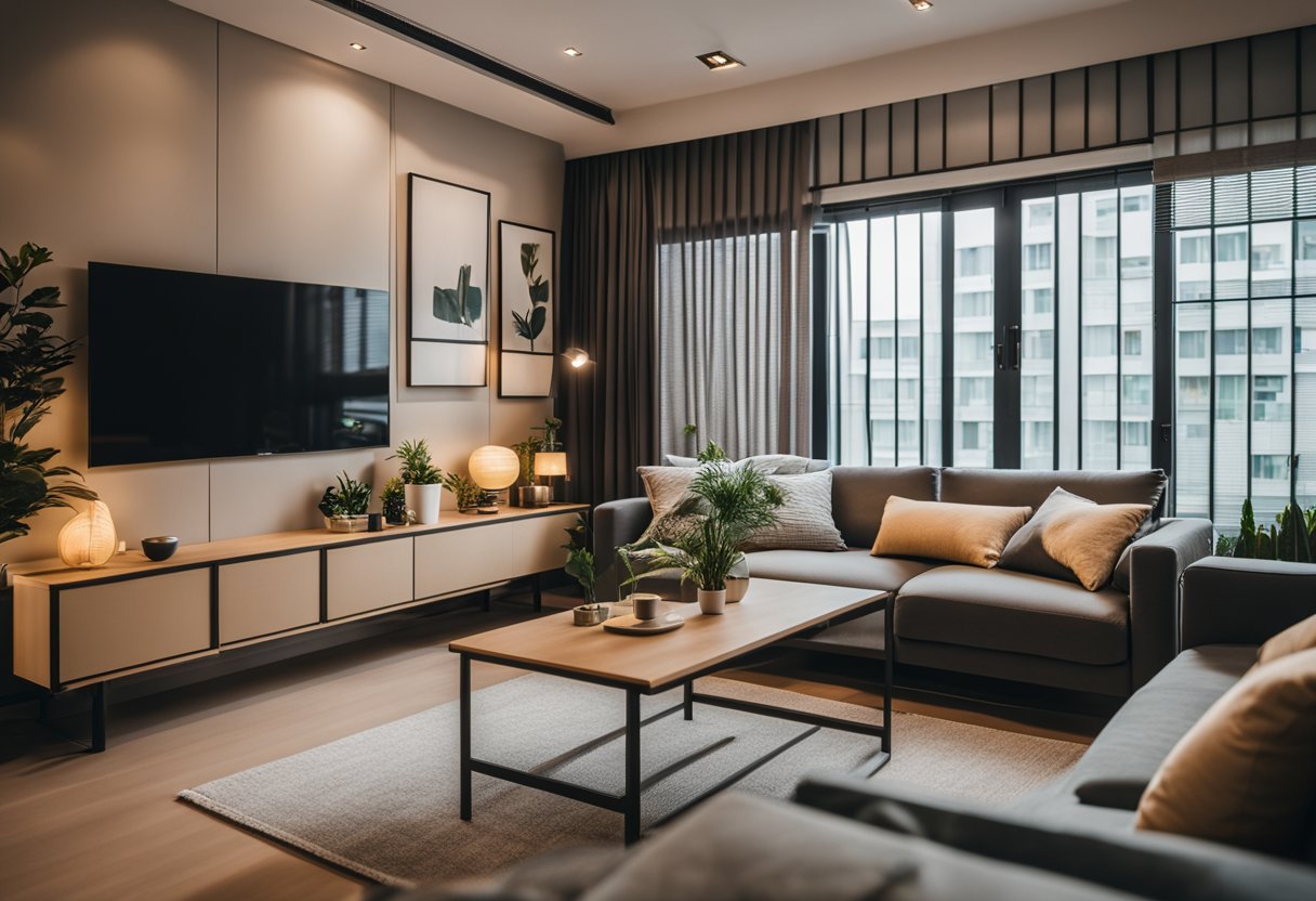 A cozy 3-room HDB flat living room with modern furniture, warm lighting, and a stylish color scheme