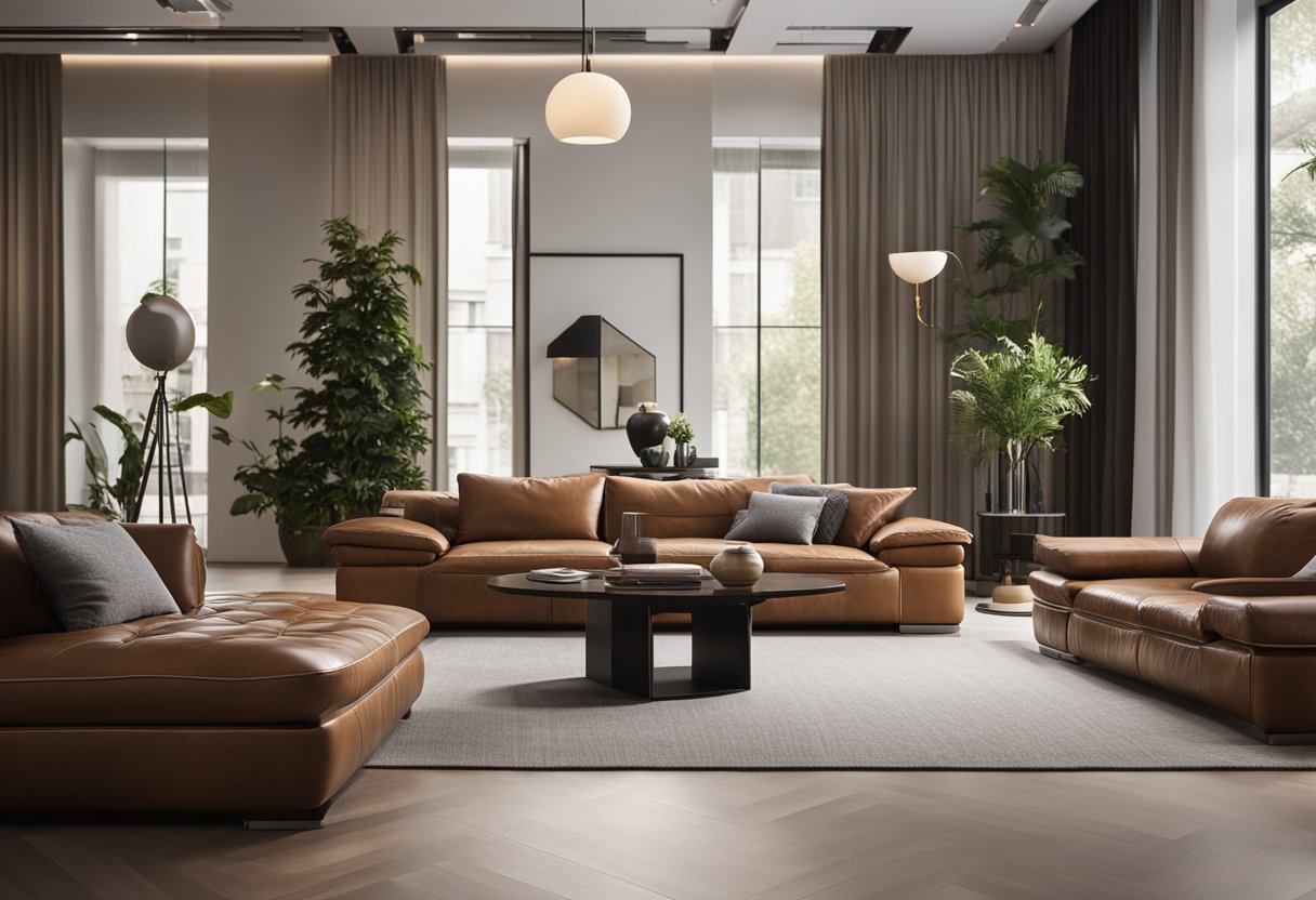 A leather sofa sits in a spacious living room, surrounded by modern decor and soft lighting