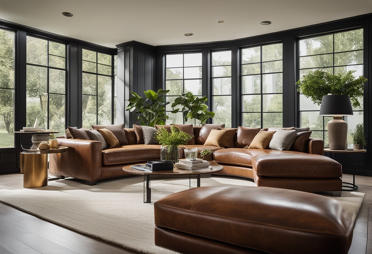 A cozy living room with various leather sofa styles, including modern, classic, and sectional designs. Bright natural light fills the room, highlighting the rich textures and colors of the leather