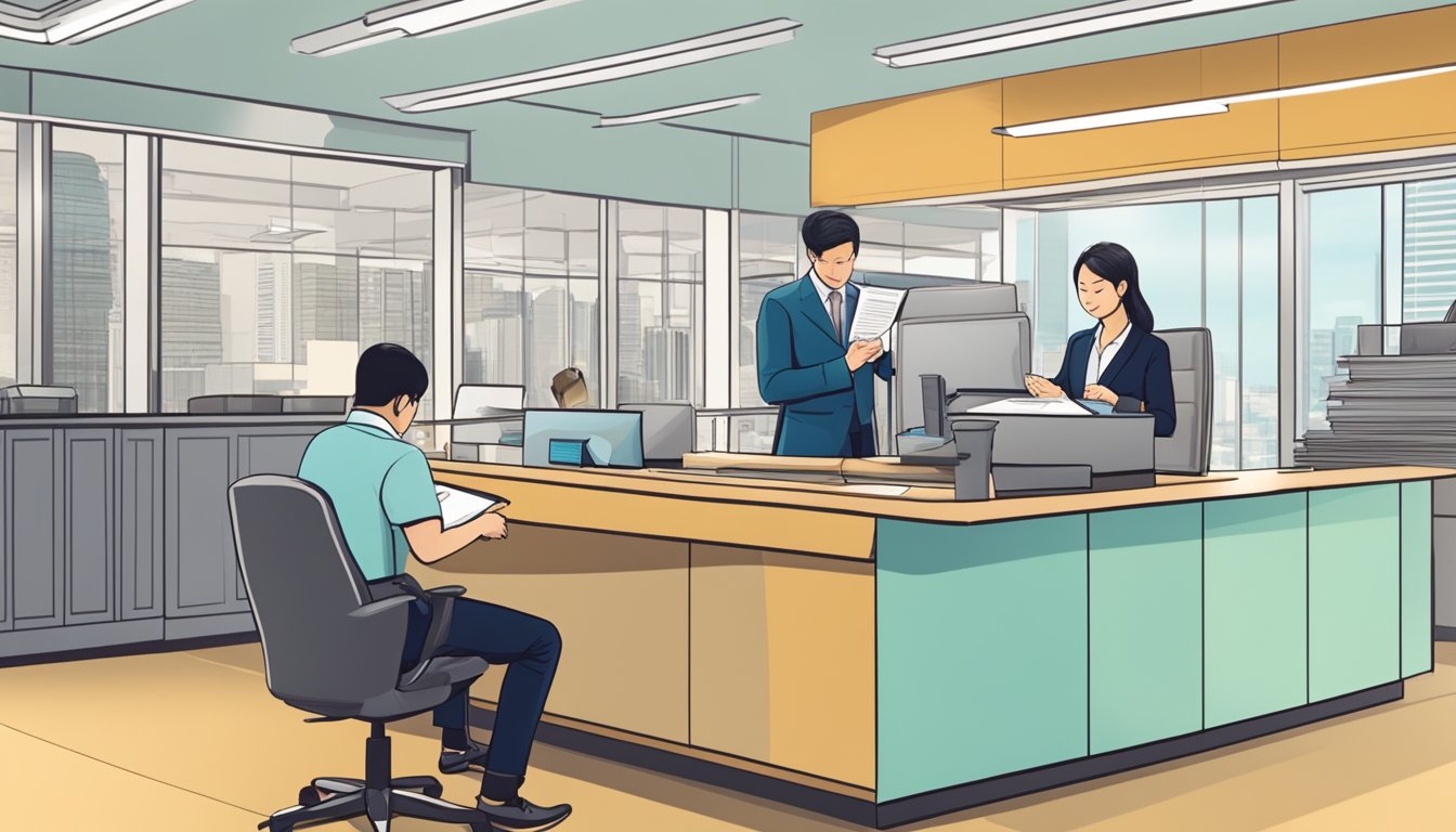 A business owner signing loan documents at a bank in Singapore. The banker looks on as the owner urgently secures a start-up business loan