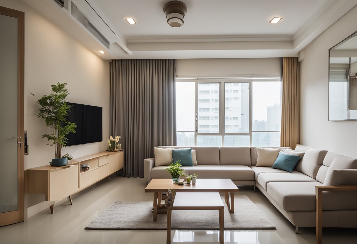 A spacious HDB 3 room flat living room with large windows, minimal furniture, and light-colored walls to maximize space and natural light