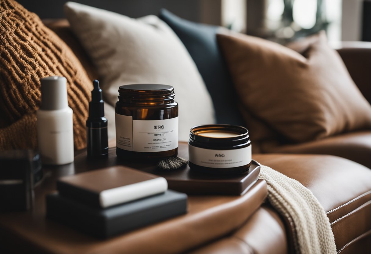 A leather sofa sits in a well-lit living room, adorned with stylish throw pillows and a cozy blanket. A small side table holds a leather care kit, with a soft brush and conditioning cream