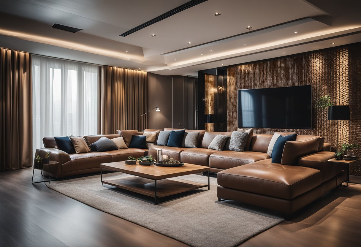 A modern leather sofa in a spacious living room, surrounded by stylish decor and soft lighting