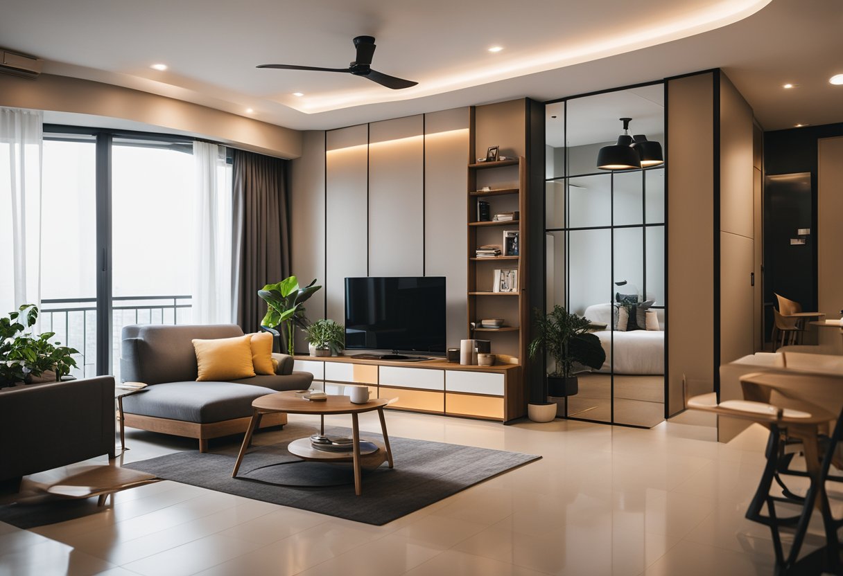 A cozy 3-room HDB flat living room with modern furniture, warm lighting, and a minimalist color palette